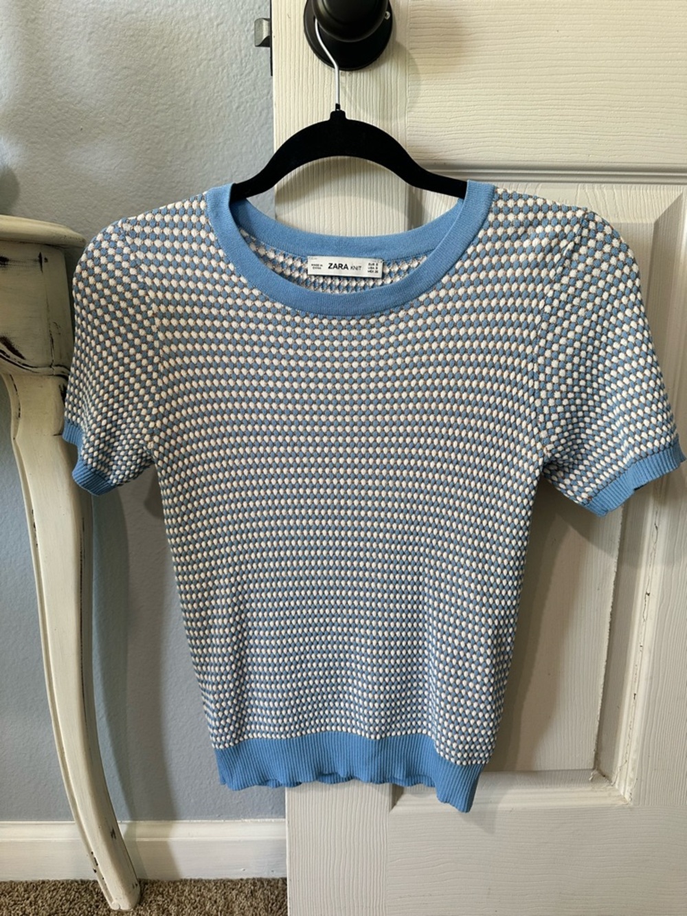 Zara Knit Sky Blue, White & Tan Textured Short Sleeve Top